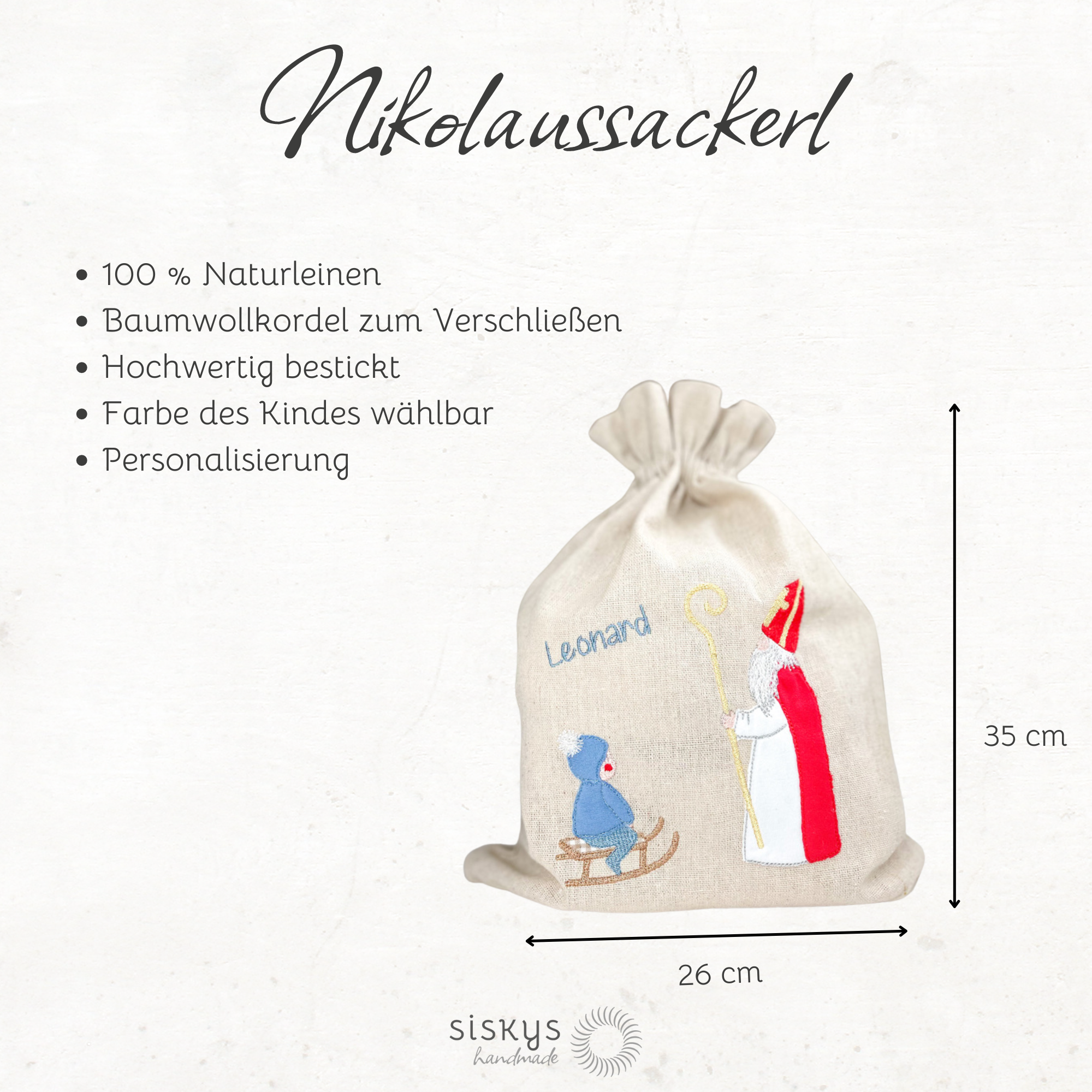 Nikolaussackerl aus naturfarbenem Leinen bestickt mit dem heiligen Nikolaus und einem Kind auf dem Schlitten. darüber ist der Name des Kindes aufgestickt.