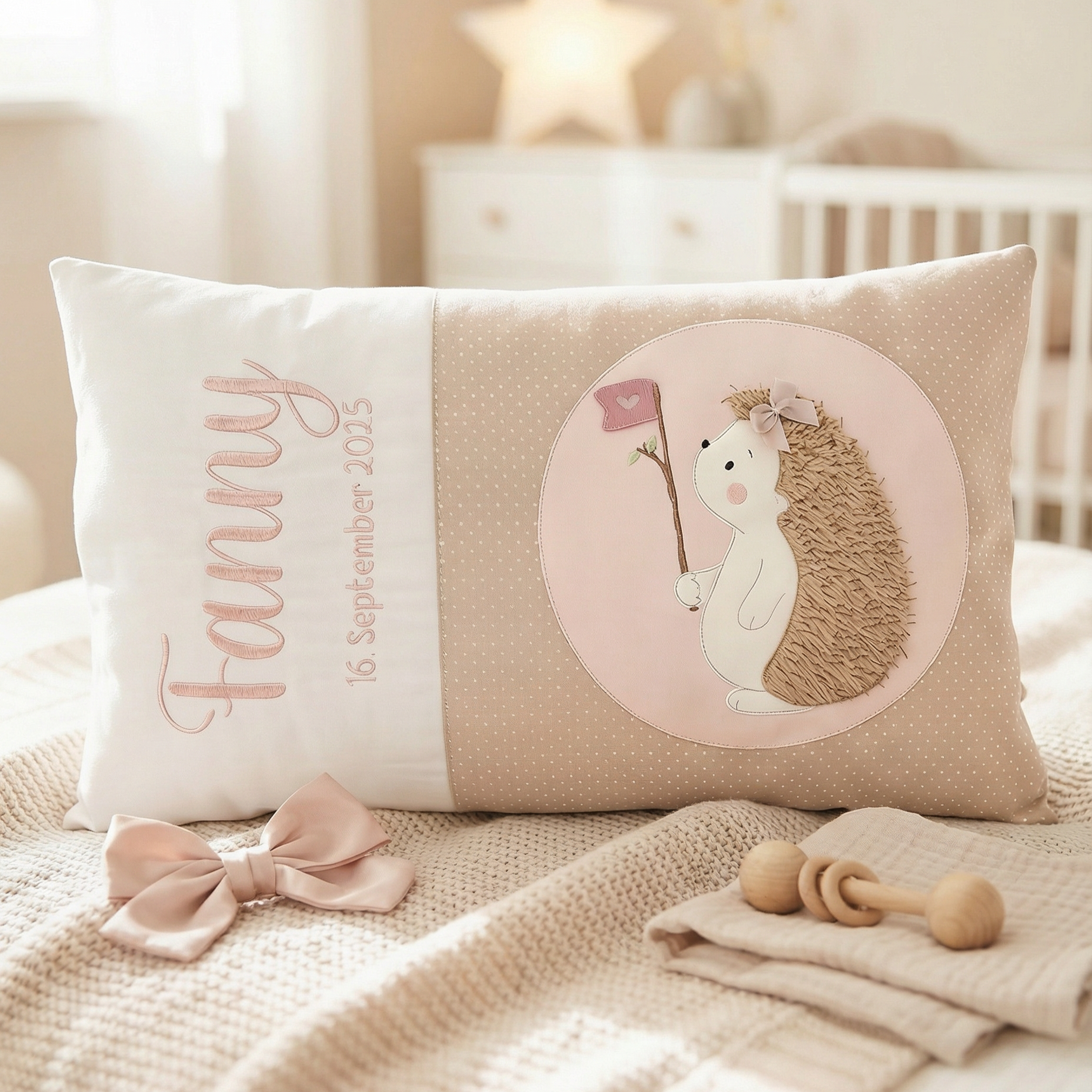 Babykissen mit Name als Geschenk zur Geburt mit Schleife und Erinnerungsbox dekoriert