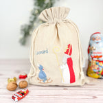 Nikolaussackerl bestickt mit hl. Nikolaus und Kind auf Schlitten in blau