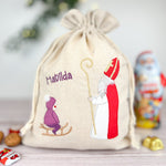 Nikolaussackerl bestickt mit hl. Nikolaus und Kind auf Schlitten in lila