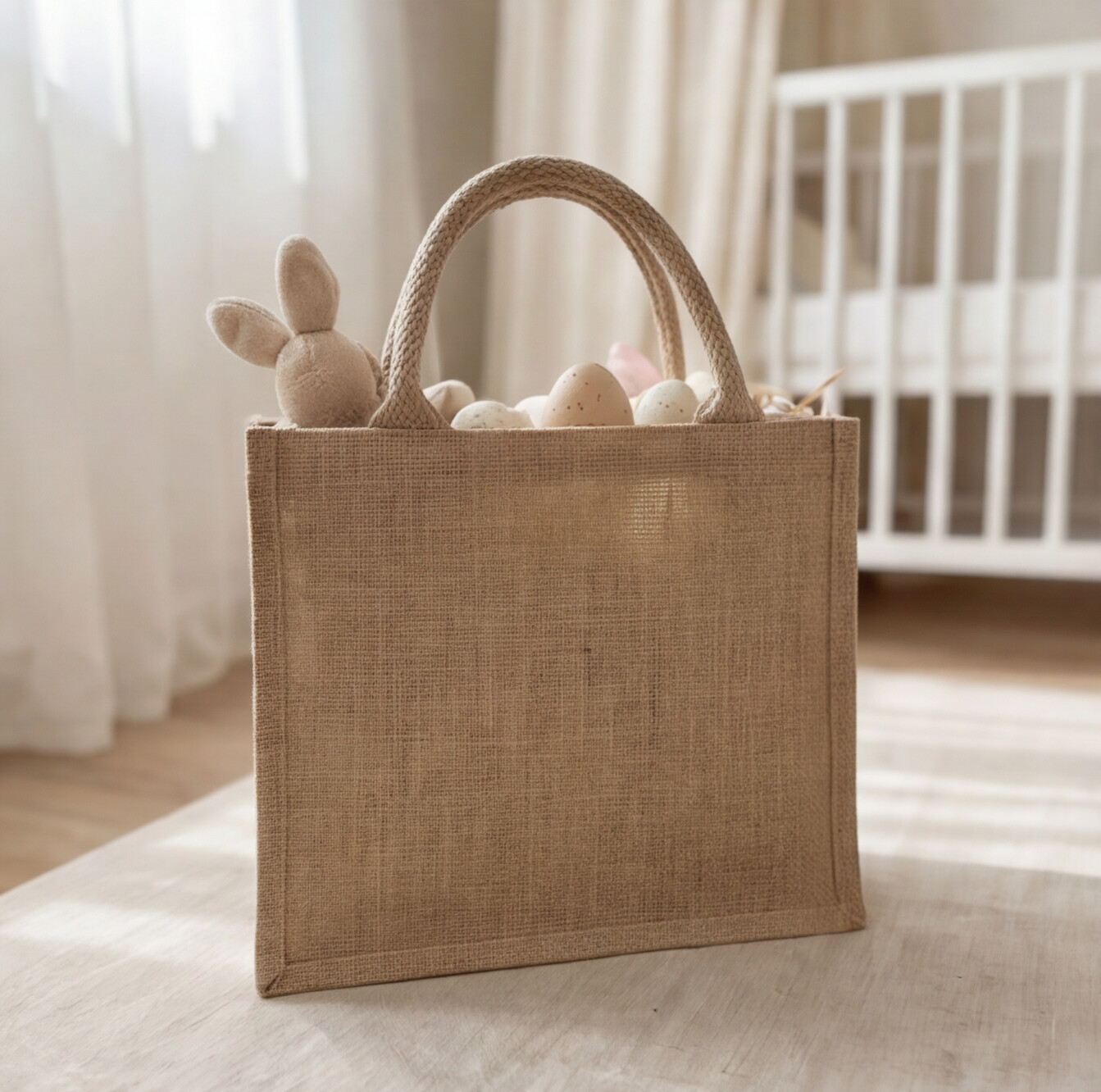 Rückseite eines personalisierten Osterkörbchens aus Jute mit stabilen Henkeln und hochwertiger Verarbeitung