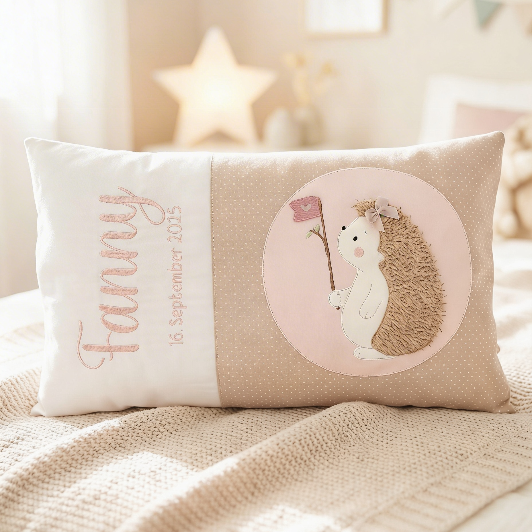 Personalisiertes Babykissen 50x30 cm mit Igel-Motiv, Name und Geburtsdatum, dekoriert im Babyzimmer