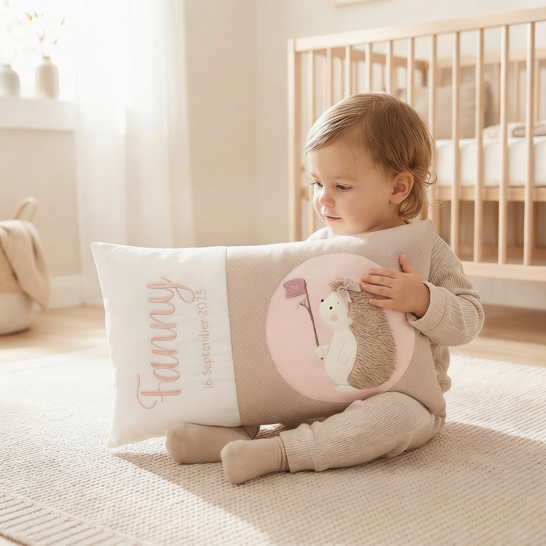 Kleinkind hält personalisiertes Babykissen 50x30 cm im Kinderzimmer