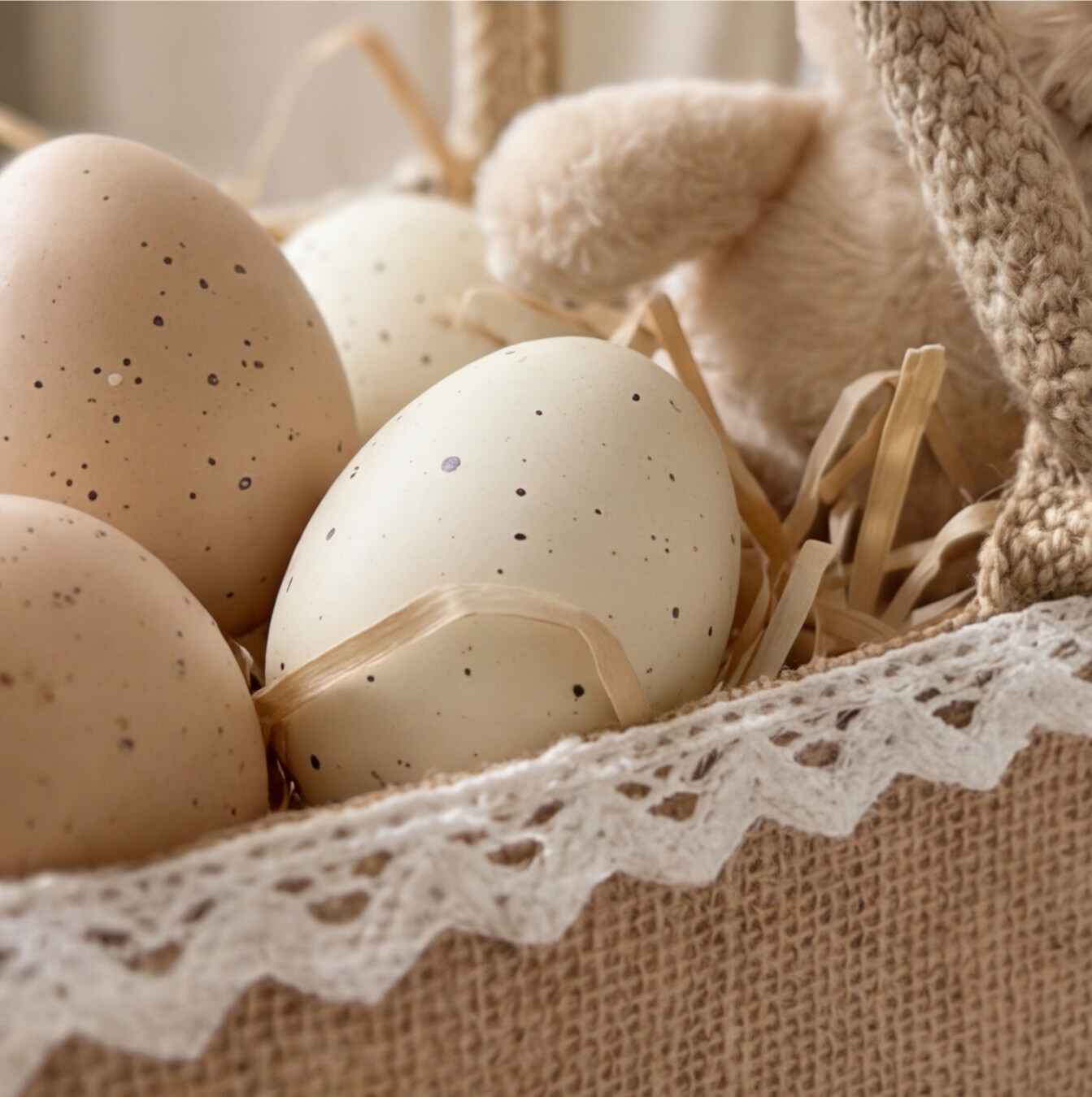 Detailaufnahme eines personalisierten Osterkörbchens aus Jute mit Spitzenbordüre und Satinschleife