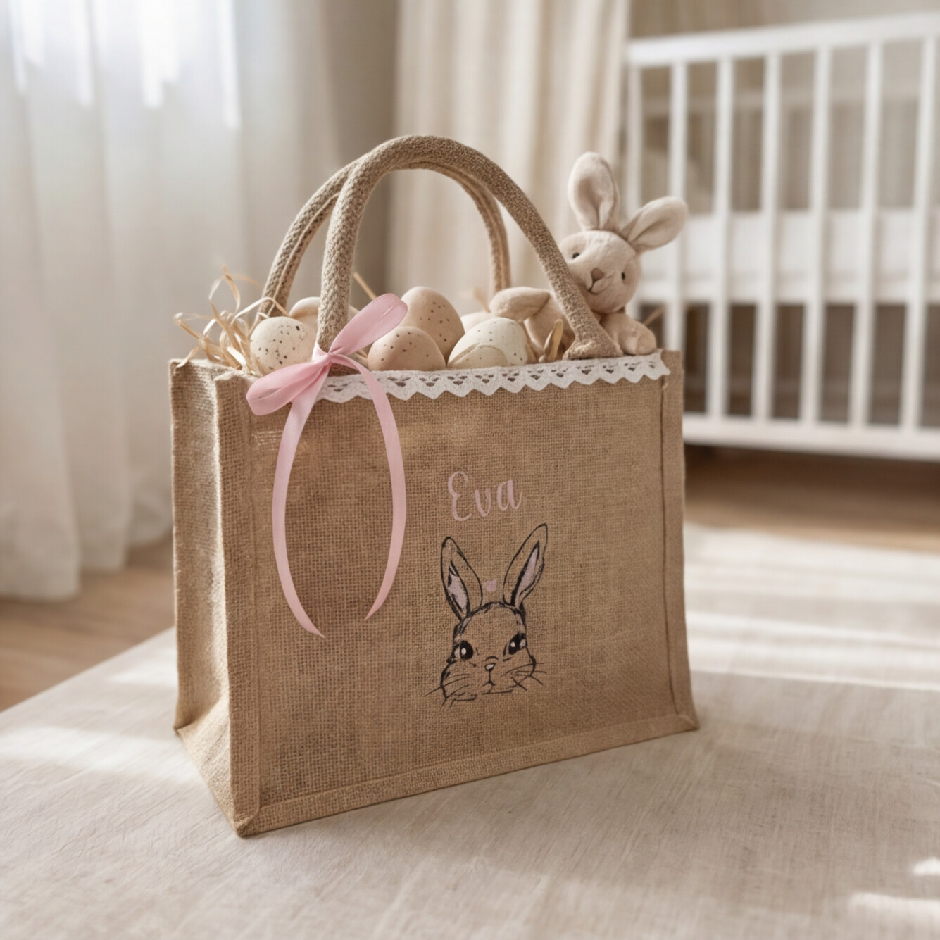 ersonalisiertes Osterkörbchen mit Namen aus Jute im Kinderzimmer dekoriert