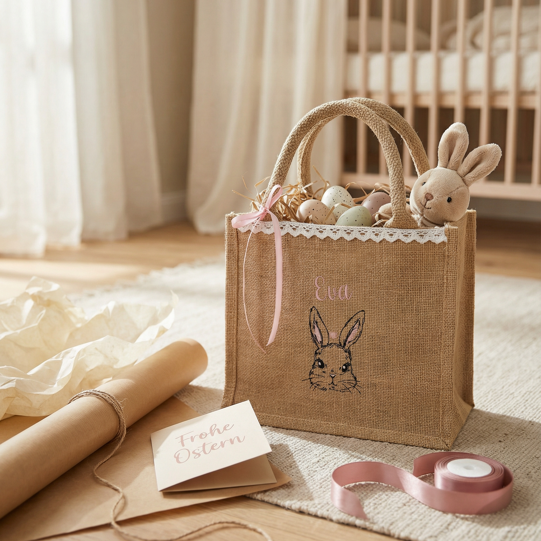 Personalisiertes Osternest aus Jute als nachhaltige Geschenkidee für Kinder
