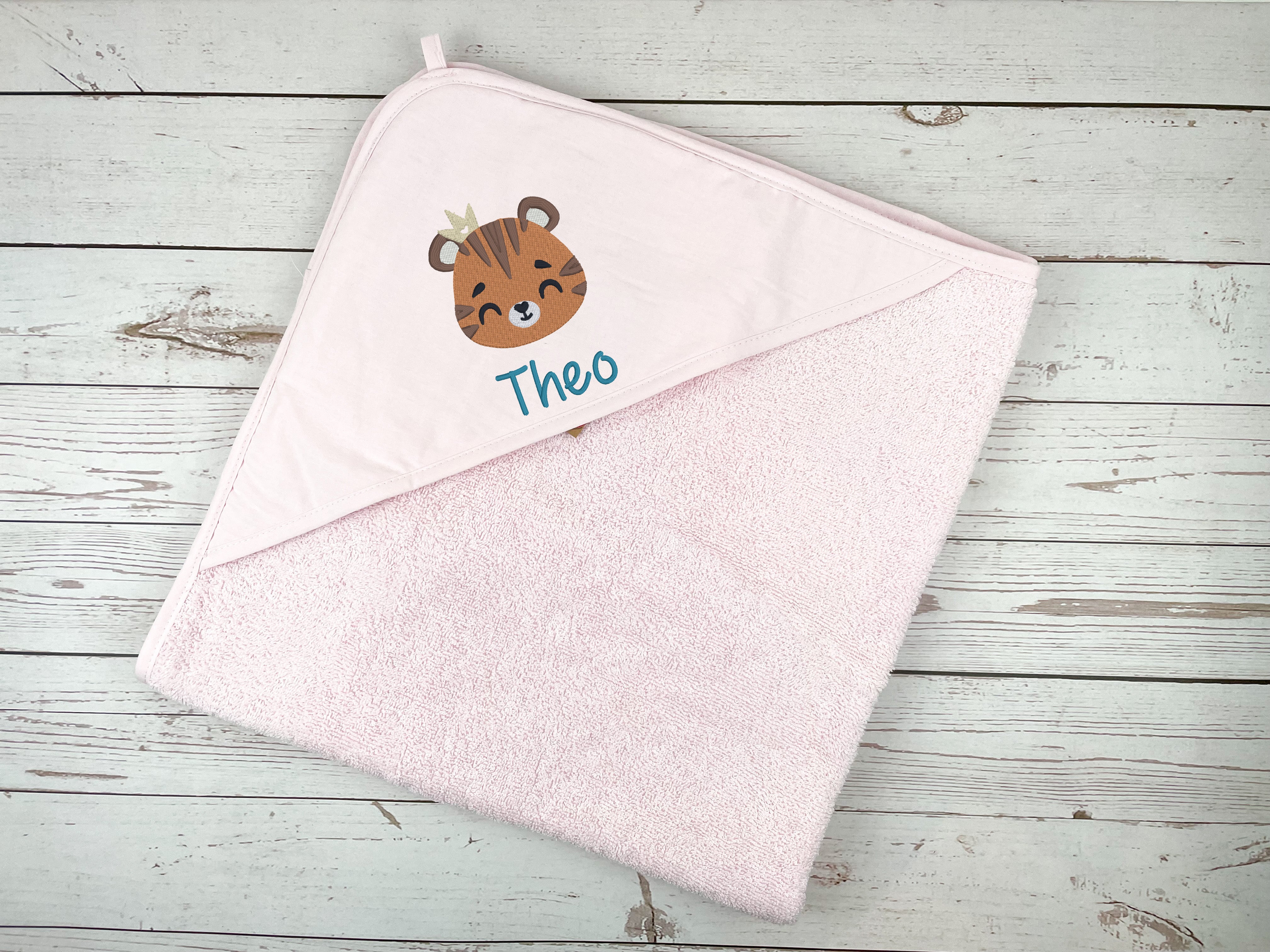 Handtuch mit Kapuze in rosa, bestickt mit Tiger, personalisiert mit Name, 100 x 100 cm