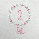 Geburtstagsshirt bestickt mit Blumenkranz und Name. Blumenkranz in den Farben mint, grau und rosa gehalten. Schrift und Zahl in rosa.