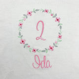 Geburtstagsshirt bestickt mit Blumenkranz und Name. Blumenkranz in den Farben mint, grau und rosa gehalten. Schrift und Zahl in rosa.