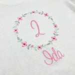 Geburtstagsshirt bestickt mit Blumenkranz und Name. Blumenkranz in den Farben mint, grau und rosa gehalten. Schrift und Zahl in rosa.
