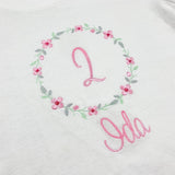 Geburtstagsshirt bestickt mit Blumenkranz und Name. Blumenkranz in den Farben mint, grau und rosa gehalten. Schrift und Zahl in rosa.