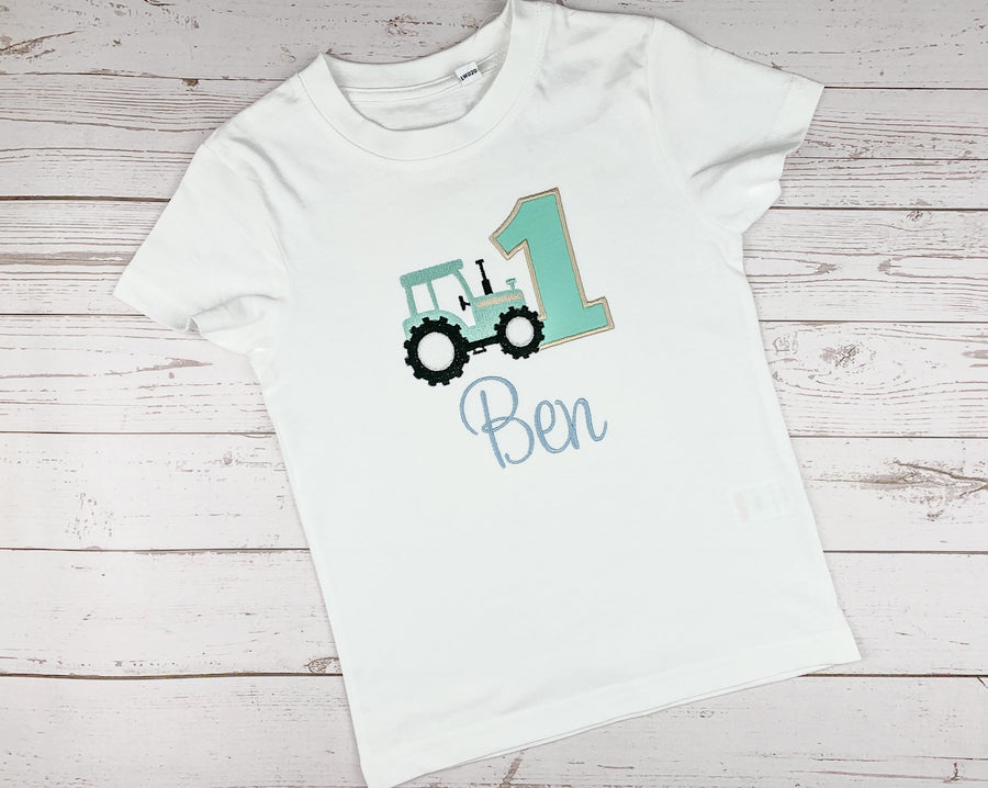 Geburtstagsshirt mit Traktor in mint - blau, mit Name und Zahl, personalisierbar