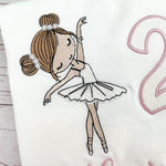 Produkte Geburtstagsshirt bestickt mit Ballerina und Zahl. Zahl mit Glitzerstoff unterlegt. Name in altrosa. 