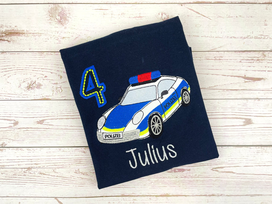 Geburtstagsshirt mit Polizeiauto, mit Name und Zahl, personalisierbar